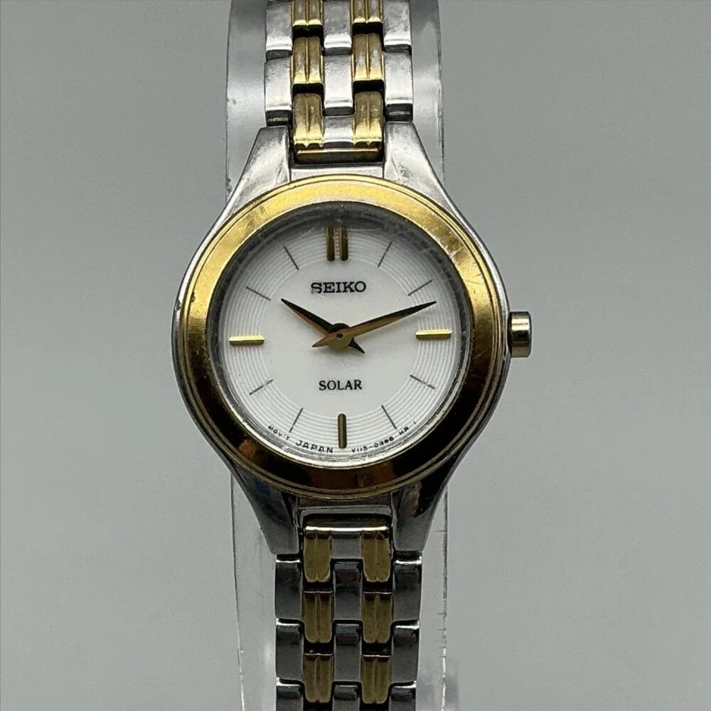 Seiko Solar Womens Watch 22mm Two Tone V115-0AX0 White Dial Stainless 7